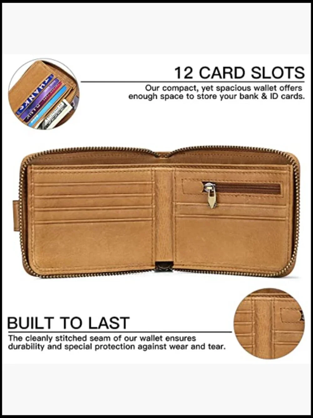 Genuine Leather RFID Blocking Zipper Wallet Large Capacity with Coin Pocket and